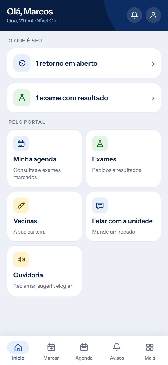Tela inicial do app Vitrall Saúde: retorno em aberto, exame com resultado e atalhos para agenda, exames, vacinas, recados e ouvidoria.