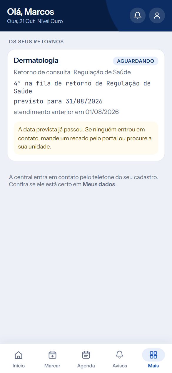 Tela Os seus retornos do app Vitrall Saúde: retorno em dermatologia, 4º na fila, com o aviso de que a data prevista já passou.